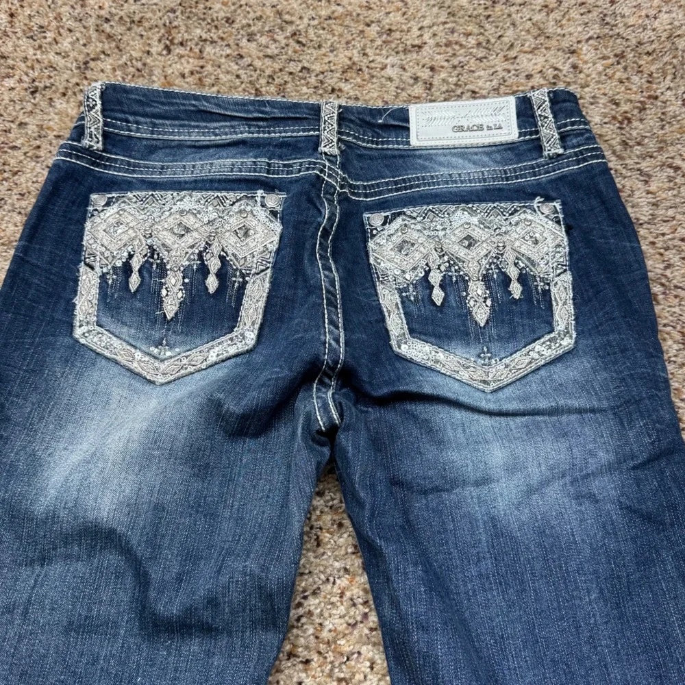 Grace in LA Easy‎ Fit Dark Wash Embellished Bootcut Jeans Size 28 Silver Bling
